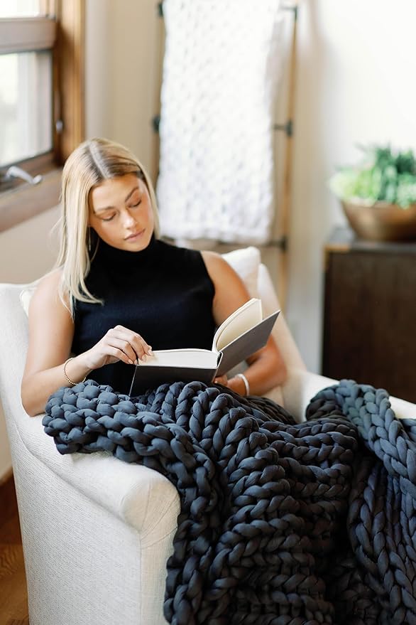 Nuzzie Chunky Knit Weighted Blanket - Breathable, Cooling, Hand Made Knit Throw Blanket for Sleep - Machine Washable, Stylish Decor Design (Dusty Blue, Queen | 28lbs | 80"x80")