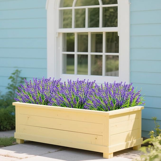 24 Bundles Artificial Lavender Flowers for Outdoors, UV Resistant Faux Plants, Monkey Grass, Fake Plastic Flowers for Porch, Garden, Window Box, Office & Home Decor
