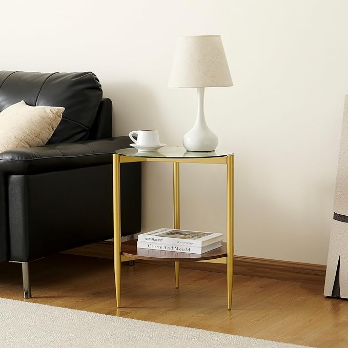 Round End Table, Mid-Century Modern Design, D20*H23 inch, for Living Room, 2-Tier Structure, Clear Glass Top and Walnut MDF Shelf, Sleek Conical Metal Legs with Gold Finish