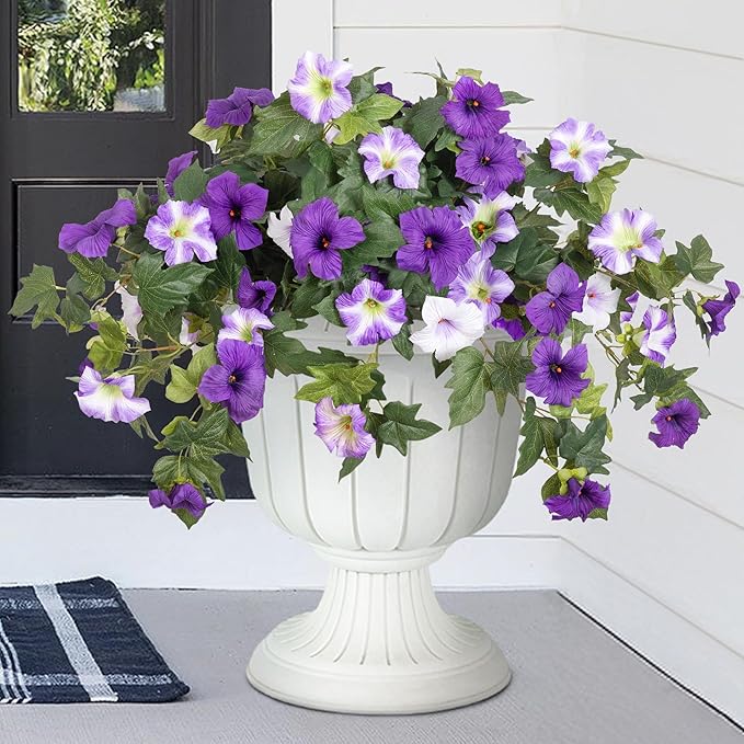 Artificial Fake Flowers Plants for Outdoor Decoration, 2PCS Faux Petunias Silk Flower UV Resistant No Fade Floral for Home Outside Garden Balcony Yard Porch Realistic Indoor Decor (Purple White)