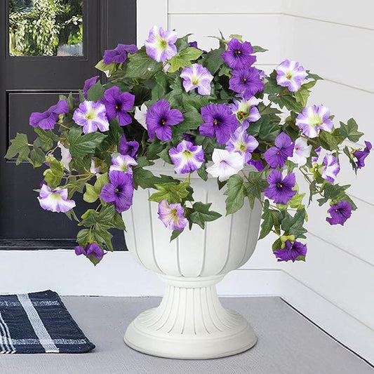 Artificial Fake Flowers Plants for Outdoor Decoration, 2PCS Faux Petunias Silk Flower UV Resistant No Fade Floral for Home Outside Garden Balcony Yard Porch Realistic Indoor Decor (Purple White)