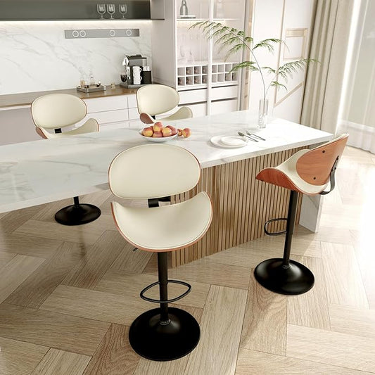 Swivel Bar Stools Set of 4, Seat Adjustable Height 23.5-32.5IN Bentwood Barstools with Back & Footrest, PU Leather Upholstered Counter Height Bar Chairs for Bar Kitchen Dining Room, Beige