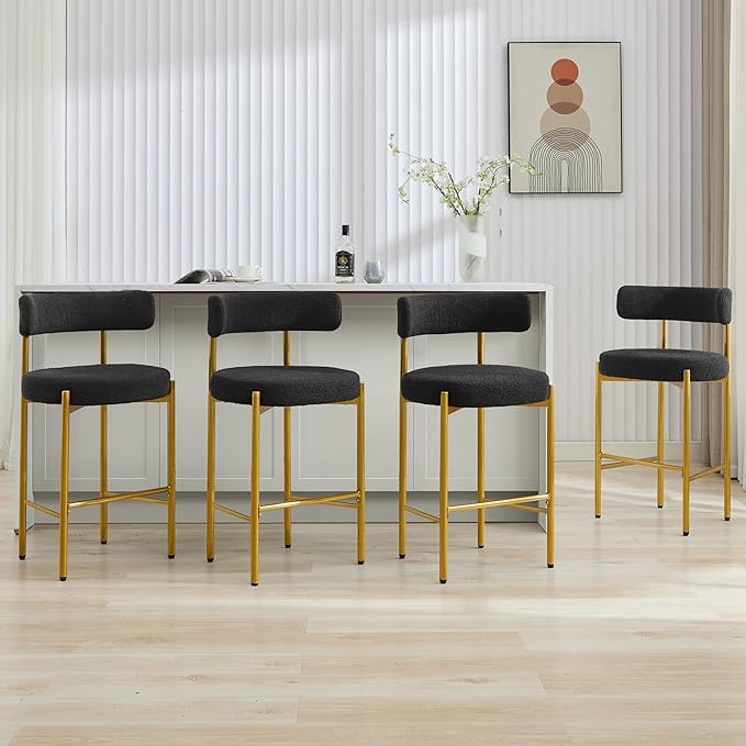 28'' Boucle Bar Stools Set of 4, Black Bar Stools with Backs, Bar Height Stools for Kitchen Island, Upholstered Bar Chairs with Gold Legs