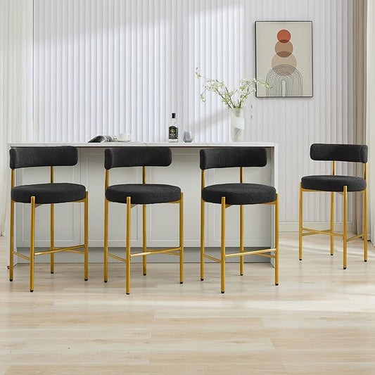 28'' Boucle Bar Stools Set of 4, Black Bar Stools with Backs, Bar Height Stools for Kitchen Island, Upholstered Bar Chairs with Gold Legs