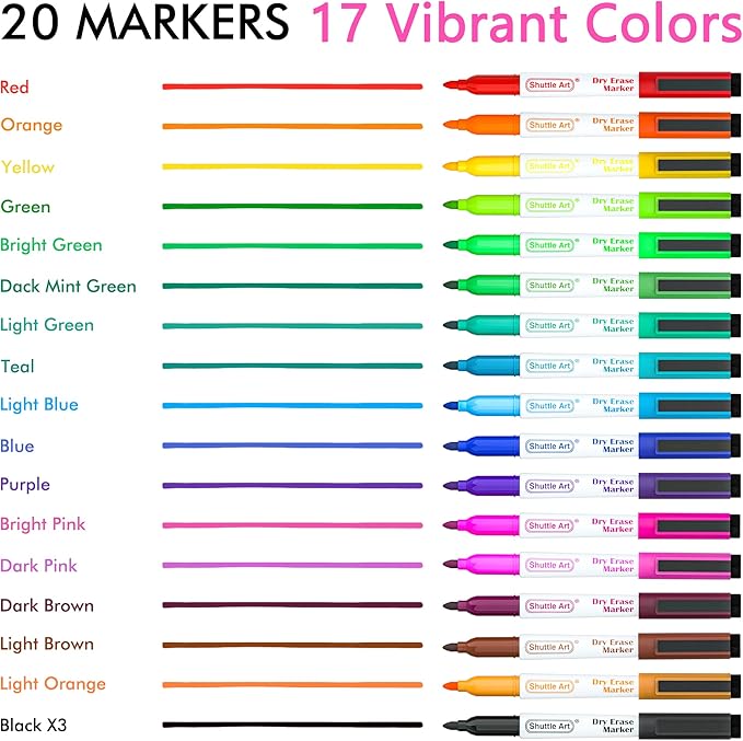Shuttle Art Dry Erase Markers, 20 Pack 17 Colors Whiteboard Markers,Bundled with 3 Extra Black,Fine Tip Dry Erase Markers for Kids,Perfect for Writing on Dry-Erase Surfaces,School Office Supplies