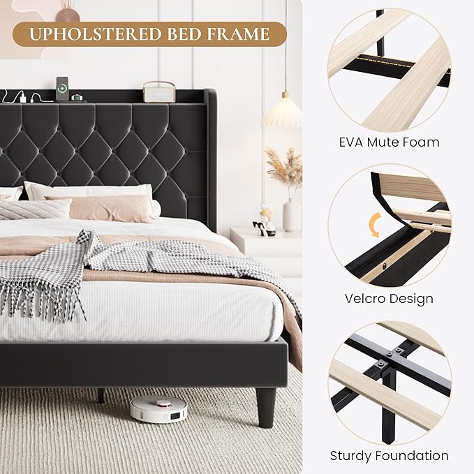 SHA CERLIN King Size Platform Bed Frame with Charging Station, Velvet Wingback Headboard with Storage Shelf, Wooden Slats Support, Ample Under-Bed Space, No Box Spring Needed, Easy Assembly, Black