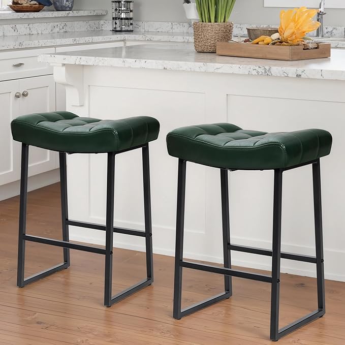 Modern Bar Stools Set of 2 for Kitchen Counter 24 inch Counter Height Backless Barstools with Upholstered Faux Leather Saddle Seat and Metal Frame Industrial Bar Chairs, Dark Green