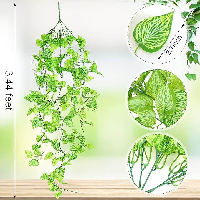Hoteam 12 Pcs Artificial Hanging Plants 32 Inch Fake Ivy Vines with Fake Leaves Patio Artificial Plants Greenery for Living Room Indoor Outdoor Wall, No Basket (Marble Queen Pothos)