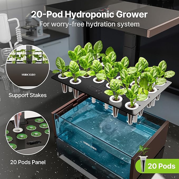 SUNCOZE Hydroponics Growing System Kit, 20 Pods Indoor Herb Garden with 10L Water Tank & Adjustable Height 25", 30W LED Grow Light, LCD Display with Veg/Flower Modes, Pump & Low Water Reminder, Black