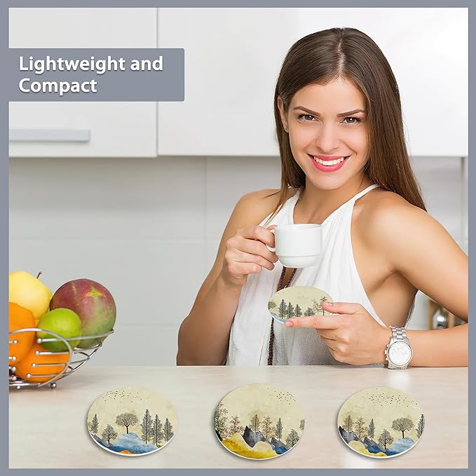 6 Pcs Coasters for Drinks with Holder,Brown Trees with Golden Gray Mountains Landscape Absorbent Coaster with Cork Backing,Great Gift for Housewarming,Room Decor,Bar,Holiday Party