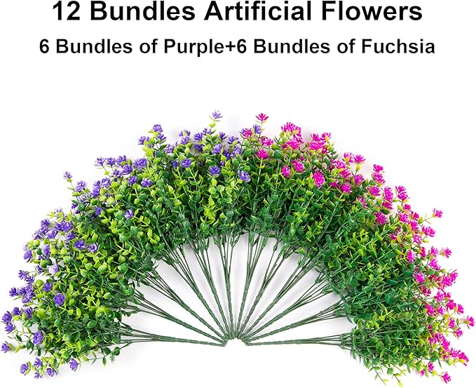 Ivydale Artificial Flowers Plants for Sping Summer Outdoors Indoors Decoration, 12 Bundles Fake Plastic UV Resistant Flowers Faux Greenery Bushes Shrubs for Home Porch Patio Garden (Purple+Fuchsia)