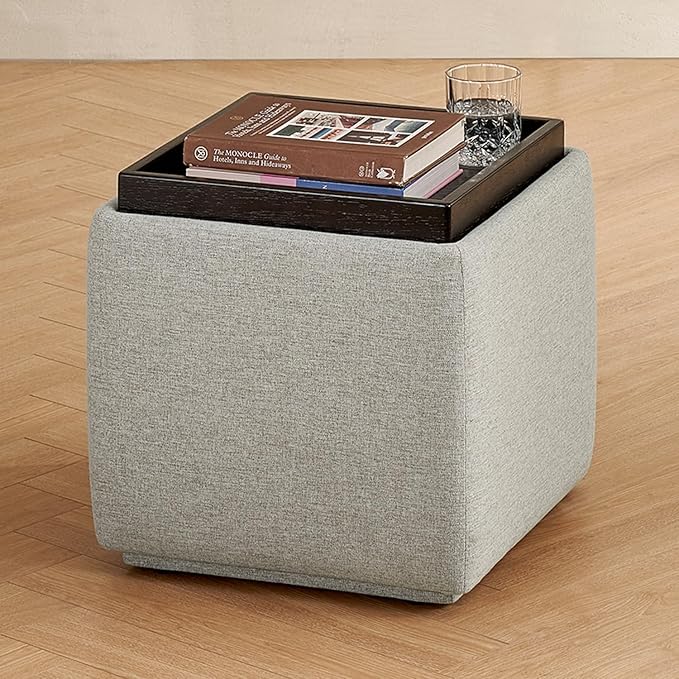 mopio Levi Storage Ottoman with Reversible Tray, Modern Square Chest Coffee Table, Upholstered Cube Sitting Foot Stools Ottoman for Living Room, Bedroom, Entryway (Fabric, Light Gray)