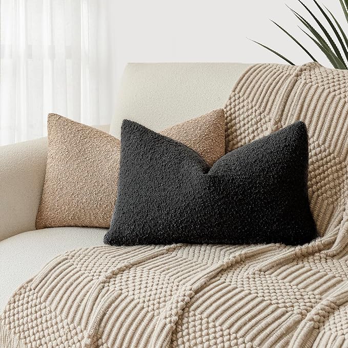 Foindtower Set of 2, Decorative Textured Boucle Throw Pillow Covers Accent Solid Lumbar Pillow Cases Cozy Couch Cushion Case for Chair Sofa Bedroom Living Room Home Decor 12 x 20 Inch Black