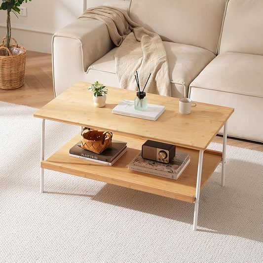 Coffee Table with 2 Tier Storage- Mid Century Modern Center Table, Farmhouse Bamboo Coffee Tables, Small Tea Tables for Living Room, Bedroom, Office, Patio (Natural)