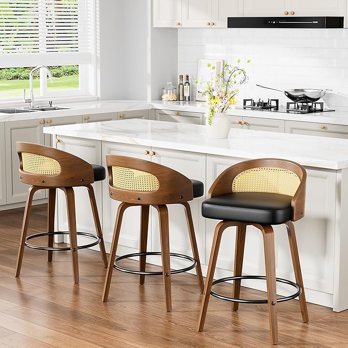 Swivel Bar Stools Set of 3, 26" Upholstered Faux Leather Barstools with Bentwood Legs, Mid Century Modern Counter Height Bar Stools with Rattan Back for Kitchen Island, Dining Room, Black