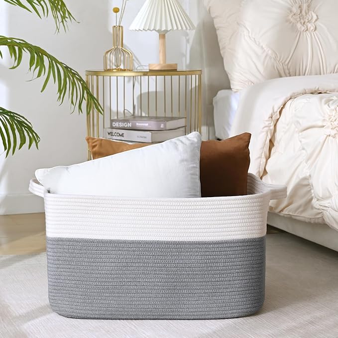 Large Blanket Basket, 60 L Rectangle Storage Baskets for Organizing, Woven Laundry Basket for Blankets, Cotton rope Blanket Storage for Living Room, Nursery Room, Gray