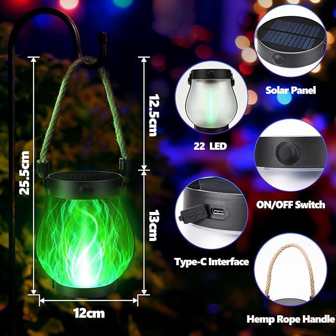 Christmas Solar Flame Lantern Hanging Outdoor Waterproof Purple - 2 Pack Flame Lanterns with Dual Charging Modes of Solar & USB for Garden or Yard Decorations (Green - 2 Pack)