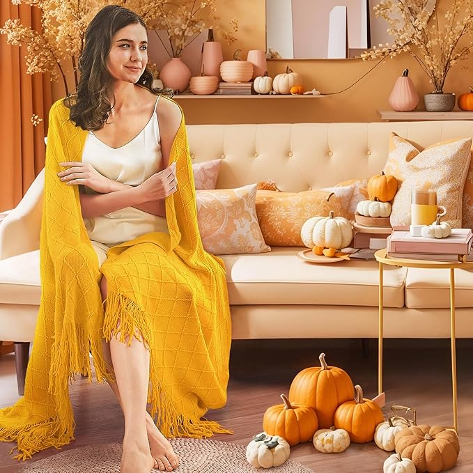 inhand Knitted Fall Throw Blanket for Couch and Bed, Knit Fall Decor Halloween Blanket with Tassel, Mustard Yellow Lightweight Decorative Farmhouse Warm Woven Blankets and Throws for Women, 50"x60"