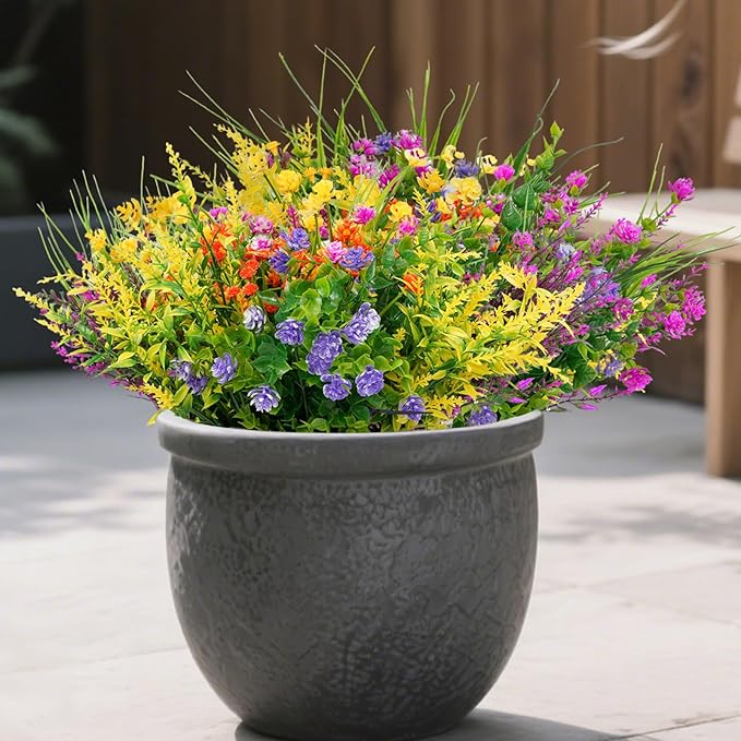 16 Bundles Artificial Flowers for Outdoors Decorations, Plastic Fake Flowers Colorful Faux Flowers Realistic UV Resistant for Garden Patio Porch Window Box Home Outdoor Decor (Mixed Flowers)