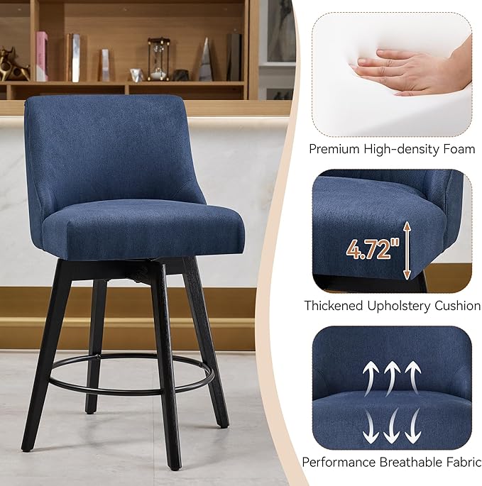 Vipbear Counter Height Bar Stools Set of 2, 26" H Swivel Bar Stools with Backs, Linen Fabric Upholstered Bar Chairs with Solid Wood Legs for Kitchen Island, Dining Room, Home Bar, Deep Blue