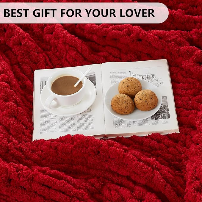 L'AGRATY Chunky Knit Blanket Throw - Soft Chunky Throw Blankets 40x50: 100% Hand Kintted Chenile Crochet Large Cable Knit Blanket - Rope Knot Throw Blankets for Couch Home Decor(Red)
