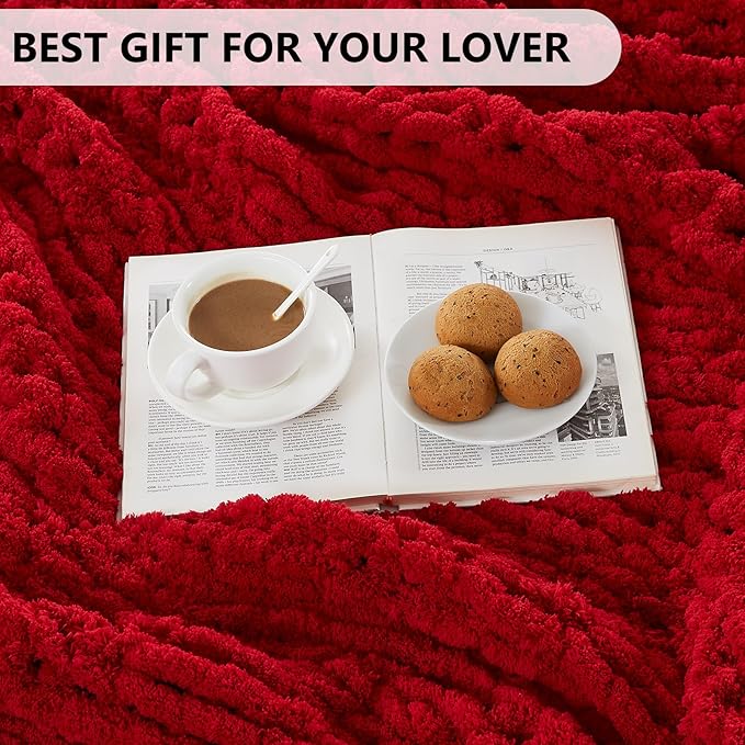 L'AGRATY Chunky Knit Blanket Throw - Soft Chunky Throw Blanket 50x60: 100% Hand Kintted Chenile Crochet Blanket Large Cable Knit Chunky Blanket - Rope Knot Throw Blanket for Couch Home Decor(Red)