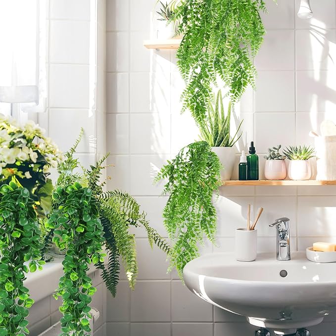 Hoteam 12 Pcs Artificial Hanging Plants 32 Inch Fake Ivy Vines with Fake Leaves Patio Artificial Plants Greenery for Living Room Indoor Outdoor Wall, No Basket (Eucalyptus,Persian Grass)