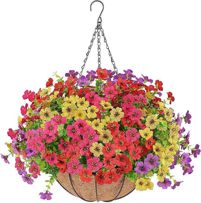 Artificial Flowers Hanging Plants in Basket,Artificial Hanging Flowers for Outdoor Indoor Decor,UV Resistant Hanging Baskets with Fake Flowers for Patio Garden Porch Deck Decoration