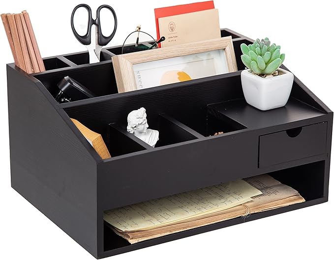 Wood Desk Drawer Organizers with File Organizer Pen holder Office Decor combo for Desk Organization Home can arrange office supplies such as calculators scissors pens note papers, etc. (black)