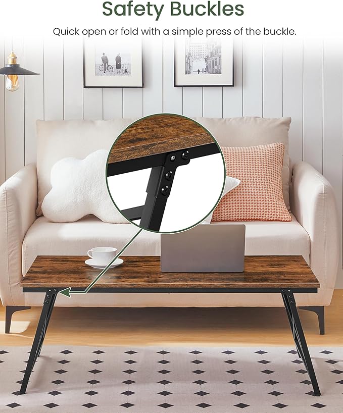 41.3" Folding Coffee Table with Safety Buckles, Low Coffee Table, Portable Floor Table, for Sitting on The Floor, for Living Room, Bedroom, Balcony, Caravan, Rustic Brown and Black TKF01BF