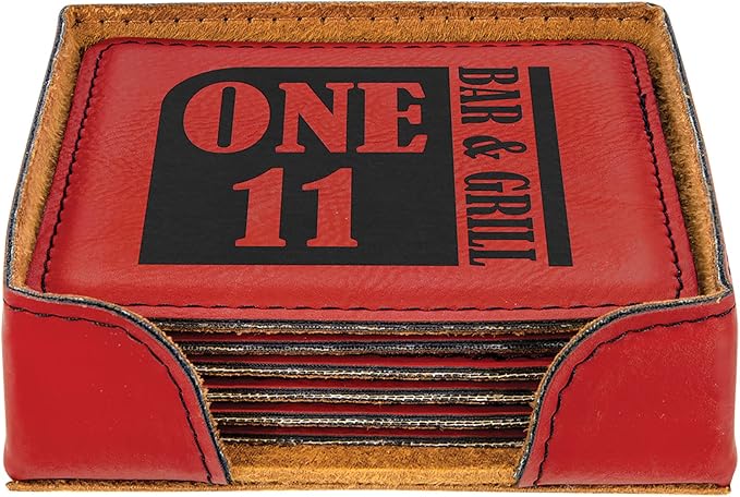 Custom Engraved Coasters | Personalized Leather Coaster | Set of 6 | Drink Coasters with Holder | Laser Engraved | Tabletop Protection | Gift for Couples (Square 4" x 4", Red w/Black)