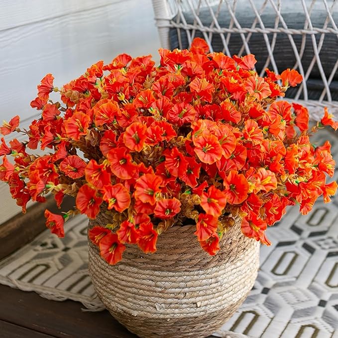 Artificial Outdoor Flowers 16 Bundles Fake Morning Glory Flower Outdoor UV Resistant Plastic Faux Flowers Plants for Decoration Indoor Outdoor Hanging Window Box Planter Home Porch Decor (Fall Orange)