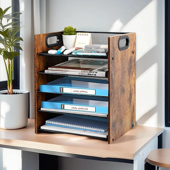 Wood Desk Organizer - 5-Tier Desktop File Organizer, Wooden Paper Tray, Office Desk Organzier and Accessories for Papers, Mail, Notebooks, Stationery