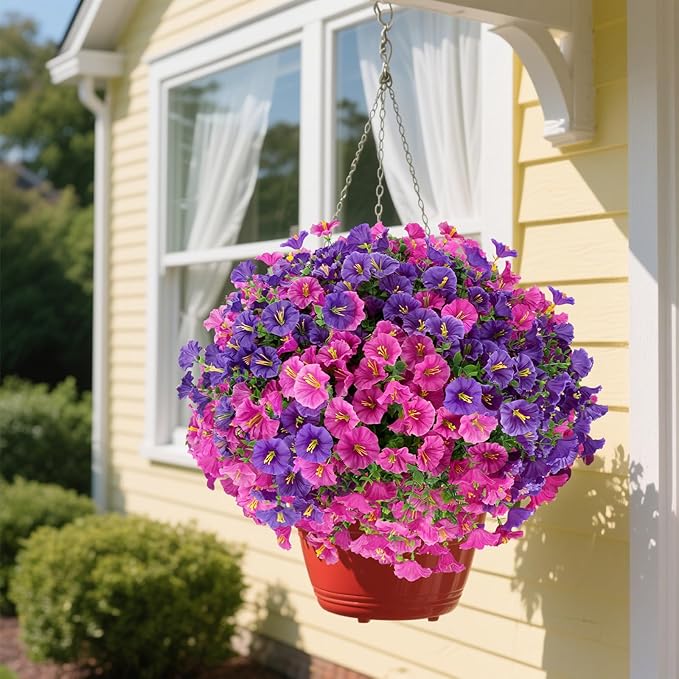 12 Bundles Artificial Flowers for Outdoors Decorations, Fake Flowers Artificial Plants Outdoor, Colorful Morning Glory Realistic UV Resistant for Garden Patio Porch Home Decor (Purple+RoseRed)