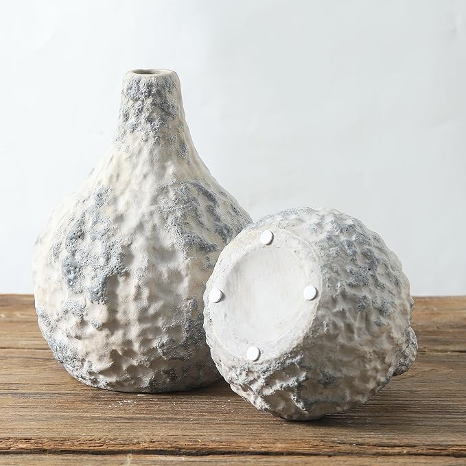 Stone Vases Set of 2, Ceramic Bud Vase Minimalist Vases for Pampas Grass,Modern Vase for Wabi Sabi Home Decor, Shelf Decoration，Fireplace Decor,Coffee Table Decor