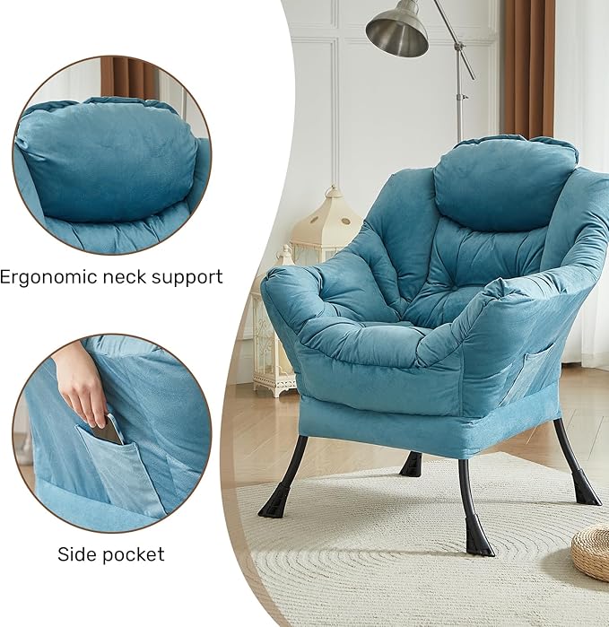 HollyHOME Fabric Large Lazy Chair, Accent Reading Chair, Cozy Lounge Chair with Armrest, Leisure Sofa Chair for Living Room, Bedroom, Dorm, Blue