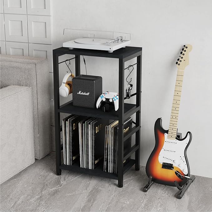 End Table with LED Light,Record Player Stand with Albums Storage,Vinyl Records Storage,Turntable Stand Side Table for Music Room Studio Living Room Bedroom-Modern Black