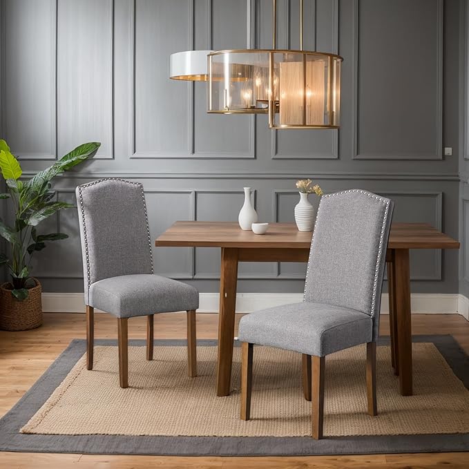 Stylish Upholstered Parsons Dining Chair Kitchen with Silver Nailhead Trim and Sturdy Solid Wood Legs