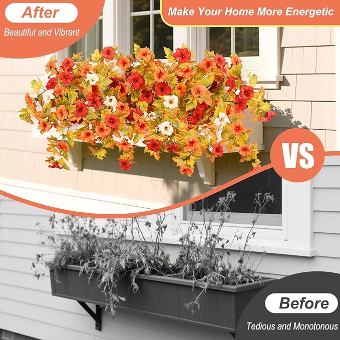 Fall Flowers Artificial for Decoration Fake Petunias Plants for Outdoor, 2PCS Autumn Silk Faux Flower UV Resistant No Fade Floral for Garden Balcony Yard Porch Realistic Indoor Decor (Orange White)