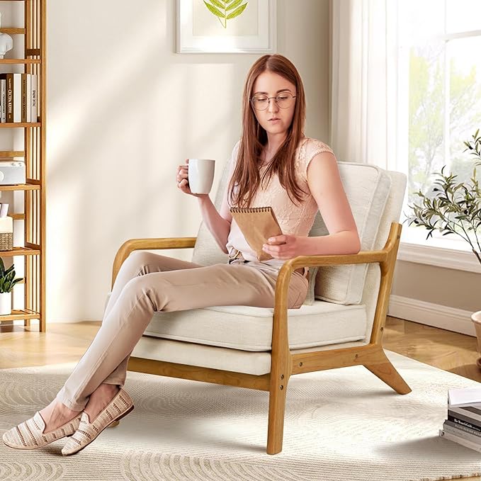 Modern Accent Chair with Lumbar Pillow, Relaxing Mid Century Chair Armchair with Solid Wood Frame & Soft Cushion, Reading Leisure Armchair for Living Room, Beige