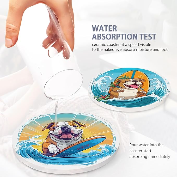 Coaster for Drinks Set of 6, Cute Dog Surfing Absorbing Round Ceramic Stone Coaster with Cork Base,Tabletop Protection Mat for Mugs and Cups,Coffee Table Wine Glass Home Bar 4 Inch