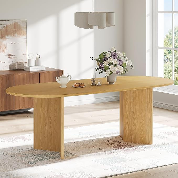 Casaphoria 79" Dining Table for 6, Wood Kitchen Table with Scratch-Resistant Top & V-Shaped Base, Modern Farmhouse Oval Dining Table for Living Room, Kitchen, Easy Assembly, Natural Wood