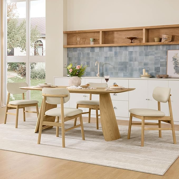 CHITA Upholstered Dining Chairs Set of 2, Mid Century Modern Kitchen & Dining Room Chairs, Solid Wood Frame in Oak, Chenille Fabric in Cream (White)