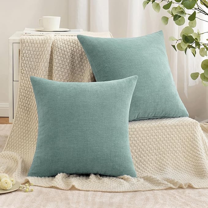 MIULEE Aqua Green Couch Pillow Covers 20x20 Inch, Set of 2 Soft Chenille Decorative Square Throw Pillow Covers Farmhouse for Sofa Living Room Bed