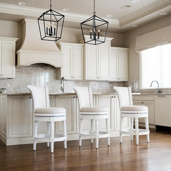 Maven Lane Pullman Counter Stool 26 Inches – Swivel Stool with Footrest – White Solid Wood Frame & Natural Fabric Upholstery – Perfect for Kitchen Islands & Counters