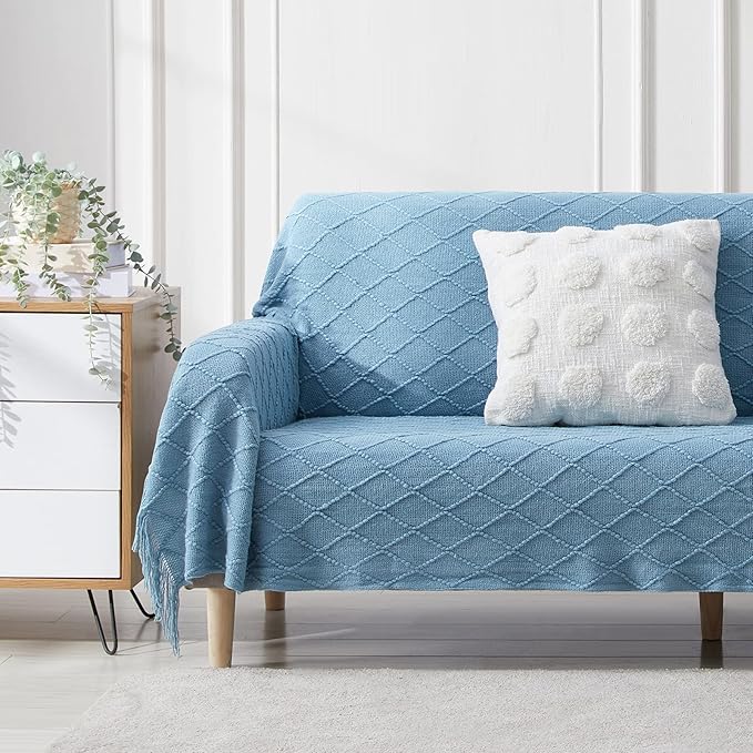 BOURINA Blue Throw Blanket 50 x90 Inches Throw Textured Solid Soft Sofa Throw Bed Runner Couch Cover Knitted Decorative Blanket Bed Runner