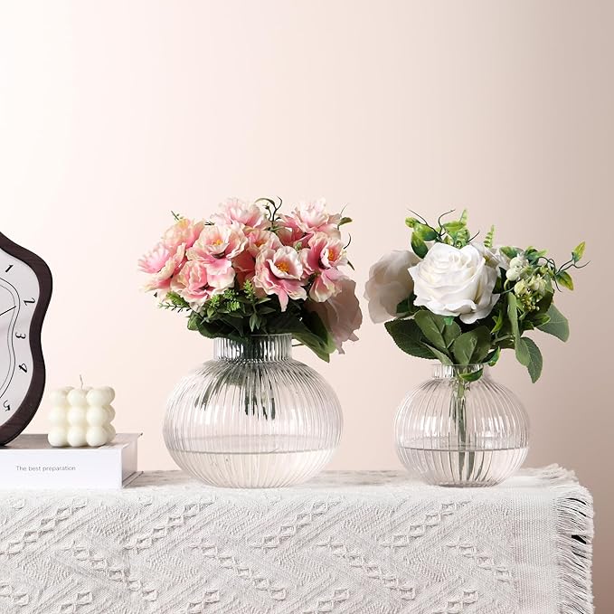 Round Glass Vases Set of 2, Flower Vases for Bouquet, Ribbed Glass Vase for Flowers, Small Clear Vase for Living Room, Office, Coffee Table, Shelf, Wedding