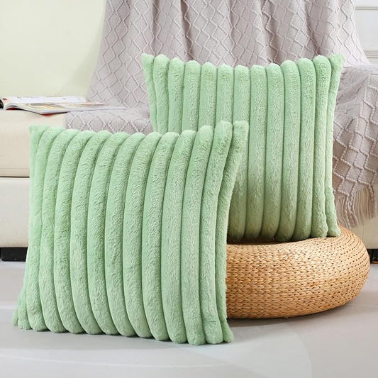 FUTEI Sage Green Striped Decorative Throw Pillow Covers 22x22 Inch Set of 2,Square Fall Decorations Couch Pillow Case,Soft Cozy Faux Rabbit Fur & Velvet Back,Modern Home Decor for Bed