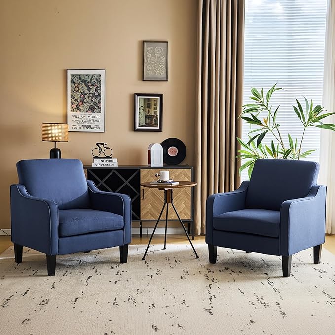 VINGLI Mid Century Modern Accent Chair,Navy Blue Fabric for Living Room Upholstered Armchair with Scooped Arms for Bedroom,Apartment,Studio,Office,Waiting Room