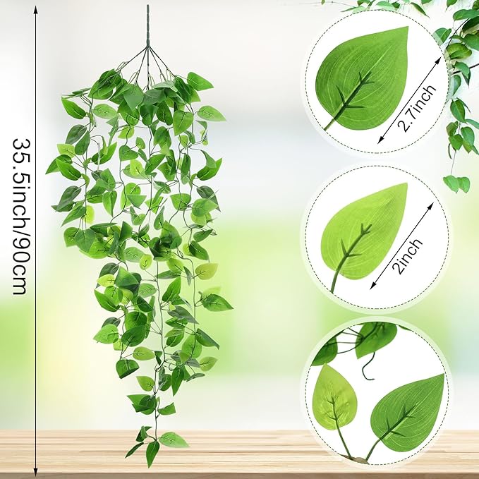 Hoteam 12 Pcs Artificial Hanging Plants 32 Inch Fake Ivy Vines with Fake Leaves Patio Artificial Plants Greenery for Living Room Indoor Outdoor Wall, No Basket (Pothos)